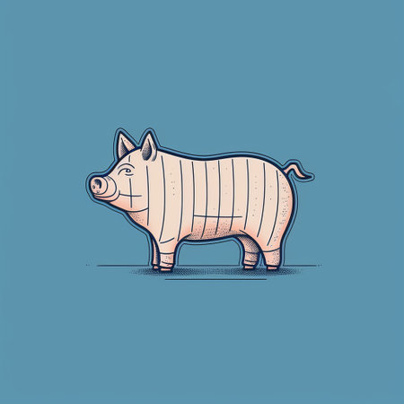 a cartoonish pig with exaggerated anatomy stands on a blue background with white stripes. the simplified line work and elongated figure give it a minimalistic design. the dusty piles add texture to the high-resolution image. ai generatedの素材