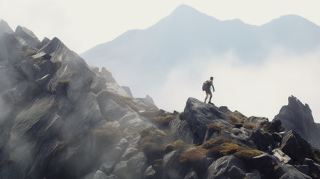 person walking on rocky terrain with a stunning view of misty mountains in the background. shot in 8k resolution on 70mm, this hyperrealistic composition captures the beauty of outdoor scenes. the style is reminiscent of henry scott tuke, while the breathtaking landscape is reminiscent of james paick's work. ai generatedの素材