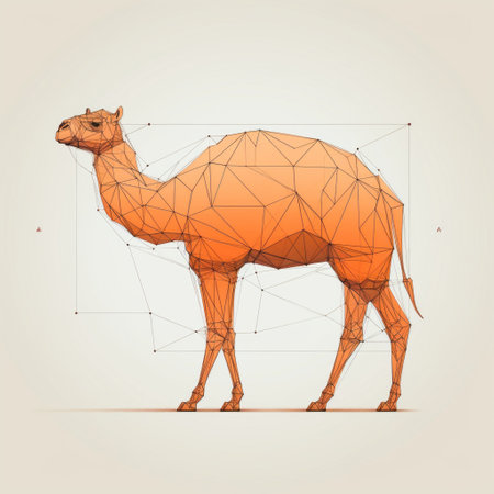 camel art illustration in abstract, isometric style with organic geometry. the design features hard-edged lines, pointillist precision, and a color scheme of dark orange and light beige. this net art illustration is made using all of the above techniques. ai generatedの素材