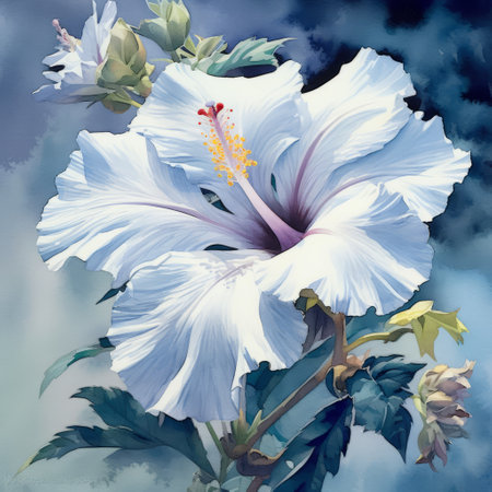 this is a stunning illustration by chris moore featuring a white flower with leaves, painted in a realistic watercolor style. the painting showcases exotic flora and fauna, with a meticulous portrayal of light and shadow. the color palette includes dark white and sky-blue, and the artwork is a testament to the artist's skill and attention to detail. paul hedley is also credited for this beautifulの素材