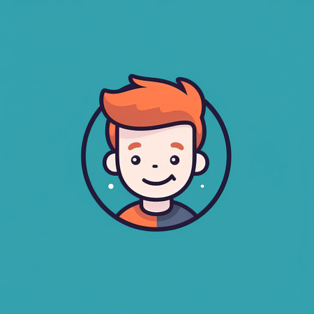 the logo features a detailed character design of a boy's face in a playful cartoon illustration style, enclosed in a circle on a turquoise background. the clean and simple design incorporates personal iconography with dark orange and light maroon accents, making it a perfect fit for the kimoicore brand. ai generatedの素材