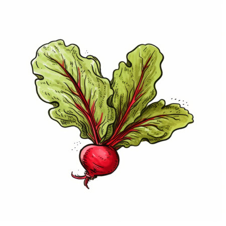 beet leaf illustration in whimsical style for design use. detailed character illustrations in ink and wash, with woodcut-inspired graphics and vibrant caricatures. light emerald and red colors bring a realistic hyper-detail to this illustration on a white background. ai generatedの素材