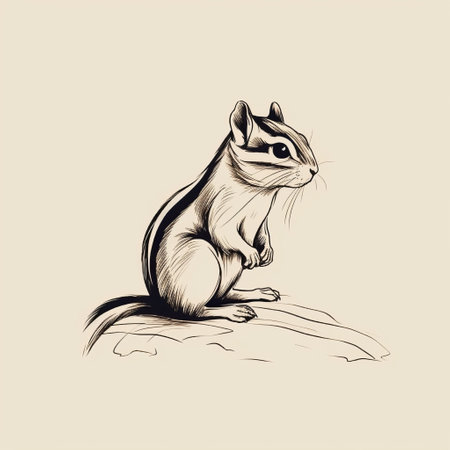 the chipmunk in this black and white drawing is simply adorable. the stylized realism style gives it a unique look that is reminiscent of golden age illustrations. the light beige and dark amber colors add depth to the linear illustrations, making it look like an organic stone carving. the realistic scenery and detailed character design make this drawing a true work of art. ai generatedの素材