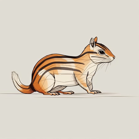 the chipmunk in this cartoon illustration by john larriva is depicted sitting on its side against a beige background. the style of the artwork is reminiscent of detailed science fiction illustrations, with graceful lines and a sparse use of color. the composition is designed according to the golden ratio, with light gray and amber hues dominating the color palette. ai generatedの素材
