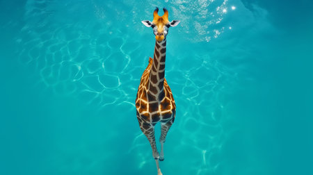 giraffe swimming underwater captured in a stunning high-quality photo style, showcasing a light sky-blue and dark amber color scheme. this national geographic-worthy photo is taken from a birds-eye-view perspective, providing a unique and captivating angle of this majestic animal in an unexpected setting. ai generatedの素材