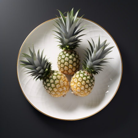 white plate with three fresh pineapples arranged in a symmetrical composition, captured using photo-realistic techniques in the style of vray tracing. the commercial imagery features a dark white and gold color scheme, with an innovative composition inspired by chinapunk. ai generatedの素材