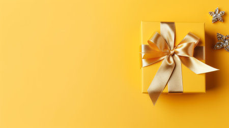 the yellow gift box is beautifully placed on a yellow background, adorned with golden holiday decorations. the minimalist style of the background adds a touch of elegance to the image. this photo perfectly captures the bold yet graceful essence of vfxfriday, a relatable personality. ai generatedの素材