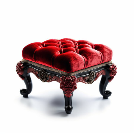 red velvet footstool with gold legs and feet, designed in the neo-classical style. the footstool features colorful woodcarvings and is captured in a high-quality photo with high-key lighting and high-contrast shading. the design is reminiscent of traditional japanese artistic techniques and is presented in a light black and red vignette. ai generatedの素材