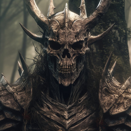 scary monster with enormous horns, walking through the forests in dark silver and bronze intricate costumes. this epic portraiture is created using cryengine and detailed crosshatching techniques. the vfxfriday team has done an amazing job in bringing this kingcore creature to life. ai generatedの素材