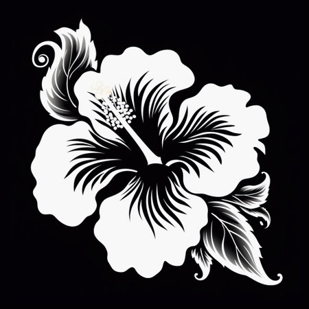white hibiscus tattoo in simplistic vector art style with layered patterns and ornate details. the monochrome painting stands out against the black background, creating an eye-catching composition. the matte photo finish adds to the overall effect. ai generatedの素材