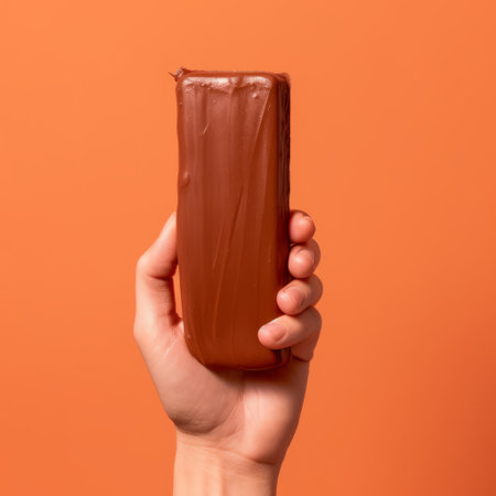 the photo features a woman's hand holding a piece of chocolate against an orange background. the image is created in the style of zbrush and is packed with hidden details. the chocolate appears to be made of ceramic with unmodulated color and rectangular fields. the hand holding the chocolate is made of rubber. the overall effect is striking and unique. additionally, the chocolate is madeの素材