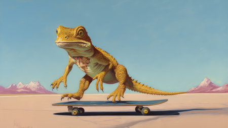 an orange lizard rides a skateboard against a mountainous backdrop, captured in the style of kadir nelson, david nordahl, and alex gross. the realistic animal portrait features photorealistic detail, while the action painter technique adds a touch of desertpunk to the scene. ai generatedの素材