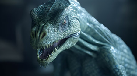 xenosaurus 3d model with a close-up intensity, rendered in cinema4d, featuring light indigo and green hues. the model emphasizes emotion over realism, utilizing matte painting and photo-realistic techniques. the final product is optimized for cryengine. ai generatedの素材