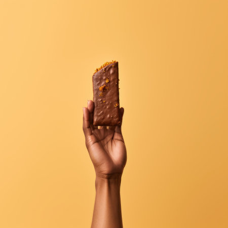 the woman in the photo is holding a chocolate bar against an orange background. the raw texture and low-angle shot add depth to the image, while the yellow and brown hues create a warm and inviting feel. the paleocore style and spontaneous gesture of the woman give the photo a natural and organic vibe. the work of photographers mike campau and zeen chin can beの素材