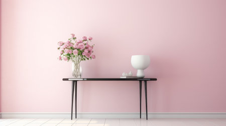 pink wall with a vase of flowers is captured in 8k 3d style. the monochromatic color scheme and soft focal points add to the smooth and polished look of the tabletop photography. the image showcases collecting and modes of display in a playful yet sophisticated manner. ai generatedの素材