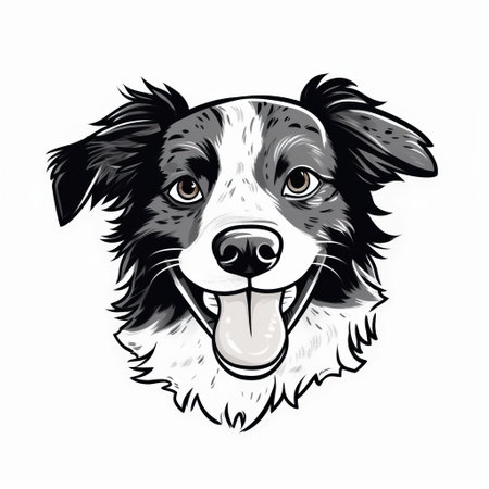 border collie puppy with a big mouth is depicted in this cartoon portrait vector illustration. the image is designed as a dog food symbol and features multiple filter effects. the portrait is in black and white and has a resolution of 32k uhd. the illustration is created in the british topographical style and features animals and people. the stencil-based design adds to the overall aestheticの素材