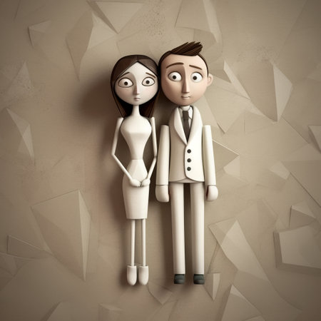 this 3d wedding concept features a boy and girl cartoon illustration with a moody expressionism style. rendered in cinema4d, the dark beige and white color scheme adds to the expressionist emotional intensity. the symmetrical figures are depicted in an ambrotype style, creating psychological phenomena illustrations. ai generatedの素材