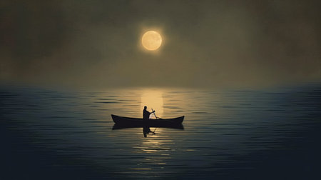a man is seen fishing on the moonlit water in this darkly romantic illustration. the soft and dreamy atmosphere is enhanced by the folk-inspired style and heavy use of palette knives. the image is captured in uhd and shot on ferrania p30 film, giving it a unique skeuomorphic quality. ai generatedの素材
