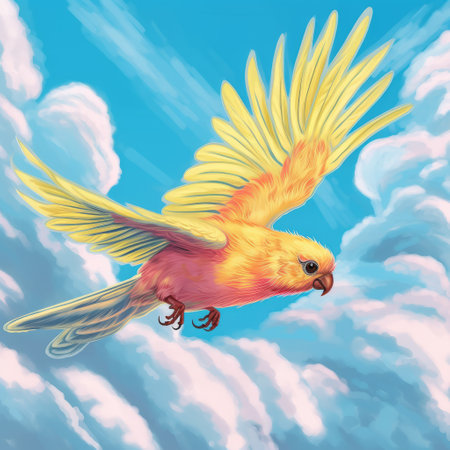 bird flying through thin clouds in an abstract style. this detailed comic book art showcases a flamboyant and bold saturation innovator. the yellow and pink hues blend seamlessly with the realistic color palette, creating a stunning piece of art. the bird's intricate details and realistic portrayal make it a standout among other character illustrations. ai generatedの素材