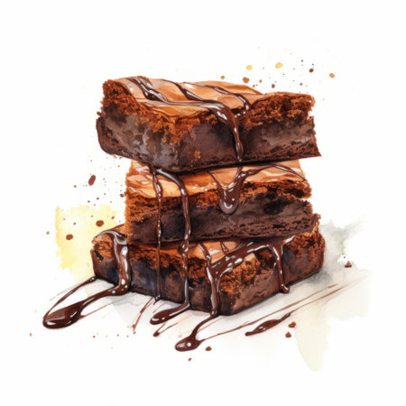 stack of white chocolate brownies in watercolor on light brown background, inspired by russ mills' style. the brownies are smooth and shiny, with detailed sketching in dark brown and dark black. the playful cartoon illustrations and realistic cityscapes add depth to the overall design. ai generatedの素材