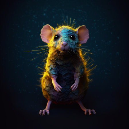 the book of life's rat, in mikko lagerstedt's style, is a vibrant and expressive character design. the dark cyan and yellow colors, combined with luminous brushwork, create a thick texture that adds to the rat's dazzling chiaroscuro. ai generatedの素材