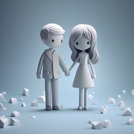couple holding hands amidst tissue paper pieces in vray style. charming characters rendered in cinema4d with cute cartoonish designs. beautifully lit in light gray and blue, this romantic scene is truly captivating. ai generatedの素材