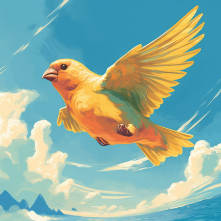 a hyper-realistic illustration of a yellow bird soaring through the clouds and sky, resembling the style of digital painting. the artwork is inspired by the works of armand guillaumin, emily carr, and the neo-geo movement, featuring hyper-detailed animal illustrations. ai generatedの素材
