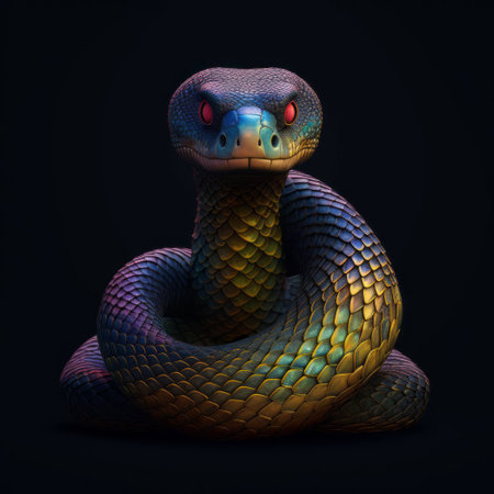 the snake in this image is depicted in a hyper-realistic style with a detailed rendering of its textured skin. the snake's head and tail are brightly colored, standing out against the dark background. the image is reminiscent of the acidwave art style and the lifelike figures of artist dino valls. it also shares similarities with the simple, colorful illustrations of sopheap pich. ai generatedの素材