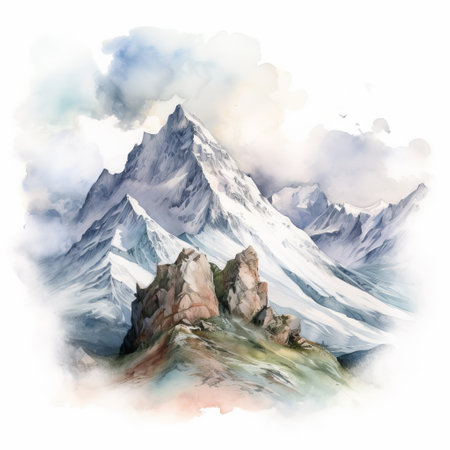 this is a stunning watercolor painting of mountains, hand-painted in a realistic style with fantasy elements. the richly detailed background features dark white and light cyan colors, while the rough edges add a unique touch. created by even mehl amundsen, this piece was captured using a canon eos 5d mark iv and has won several contests. ai generatedの素材