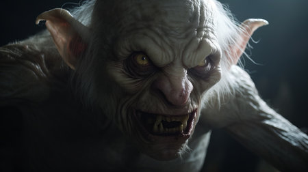 gruffalo facial render in the style of goblin academia featuring intense movement expression. the image showcases strong contrast between light and dark with hyper-realistic details. the close-up shot highlights the white and pink tones of the character's face. this image is perfect for those who love goblincore aesthetics. ai generatedの素材