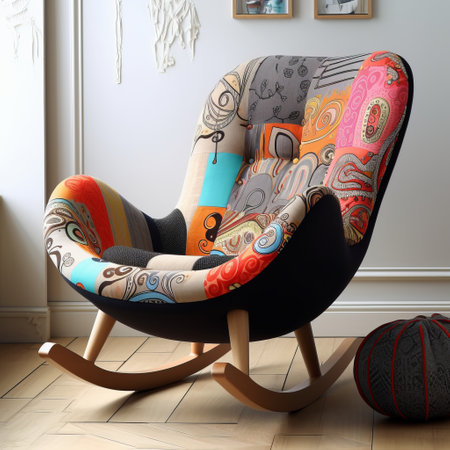 rocking chair with colorful patchwork-style pattern, vray, graffiti-inspired details, bold curves, and vivid color scheme. light black and light amber hues add depth to the fujifilm natura 1600 captured image. ai generatedの素材