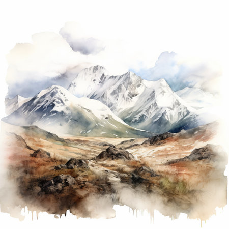 the photo showcases a dreamlike illustration of watercolor mountains and a valley, reminiscent of scottish landscapes. the loose paint application and traditional oil painting style add to the charm of the image. the light gray and brown hues create a frostpunk-like atmosphere, making it a perfect illustration for various purposes. ai generatedの素材