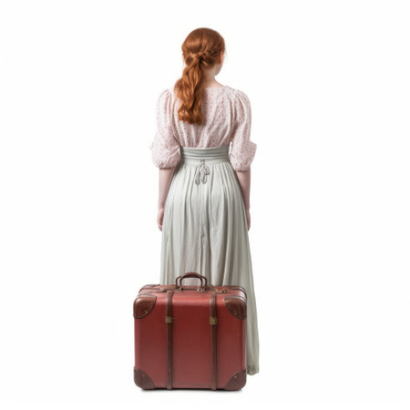a heroine dressed woman stands on a white background, carrying a suitcase. the style of the photo is historical romanticism, with light maroon and light gray tones. the image was captured using back button focus by jeremy lipking and is reminiscent of the work of jocelyn hobbie. the woman is an isolated figure, suggesting travel. ai generatedの素材