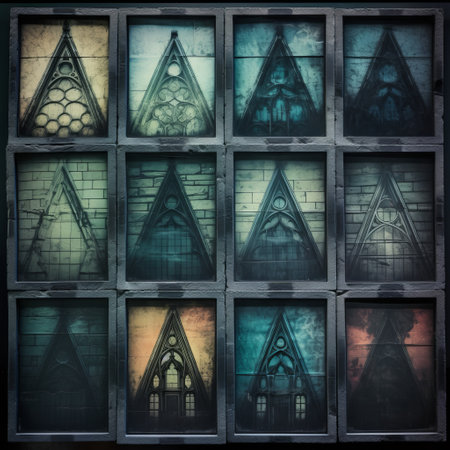 stained glass windows in gothic style with various colors, captured in tintype photography. the architectural blueprint and symmetrical chaos of the design are enhanced by the dark and moody tones of agfa vista film. the misty gothic atmosphere is further intensified by the distressed materials used in the windows. ai generatedの素材