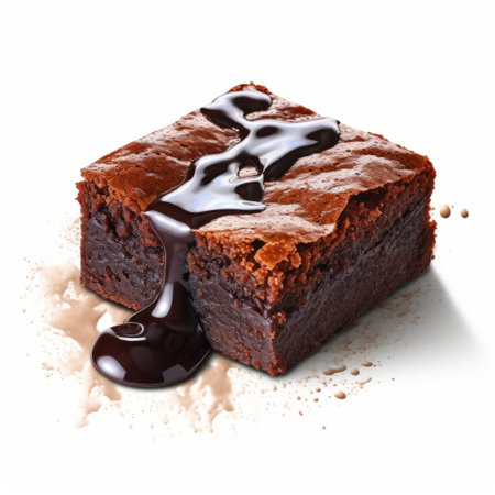 brownie with dark chocolate, floating on a glass, captured in photorealistic accuracy with detailed brushstrokes. the image features a white background, cross processing, drips, and splatters, creating a shiny and glossy effect. the rectangular fields add a touch of elegance to the overall composition. ai generatedの素材