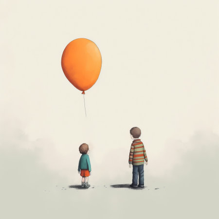 the orange balloon floats freely in the wind, captured in a style reminiscent of psychological phenomena illustrations. the contrast of scale and moody colors add depth to the concept art, evoking memories of childhood arcadias. the robotic kids and realistic watercolors further enhance the unique aesthetic of this captivating image. ai generatedの素材