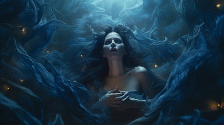 blue woman submerged in water with blackgreen fish, reminiscent of olivier valsecchi's style. dreamlike and nightmarish, the uhd image showcases tangled nests and a smokey background. the overall effect is dreamy and romantic, similar to the works of serge marshennikov. ai generatedの素材