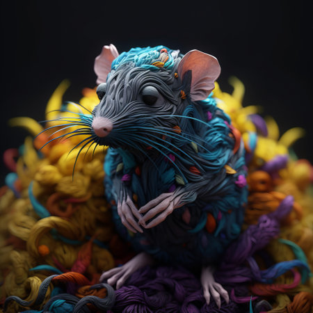 handcrafted rat made of colorful yarn and lace, rendered in cinema4d style. this otherworldly illustration features intense color swaths and textural explorations. the colorful grotesques and dark, foreboding colors give it a snailcore vibe. ai generatedの素材