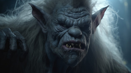 this rendered image in cinema4d showcases a creepy dark world with a strong facial expression of a manticore. the goblin academia style is highlighted with the addition of horns and realistic details. the color scheme of light white and dark blue adds to the eerie atmosphere of the image. minimal retouching has been done to maintain the realistic feel. ai generatedの素材