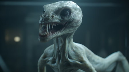 the dinopunk little creature is captured in a hyper-realistic sci-fi style, with textured expressions and close-up intensity. rendered in maya and shot with zeiss batis 18mm f28, the light gray and navy tones create a dark room ambiance. keywords: dinopunk, hyper-realistic, sci-fi, maya, zeiss batis, textured expressions, close-up intensity, dark room. ai generatedの素材