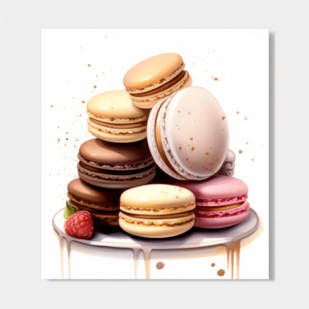 five macarons and strawberries are depicted in this photorealistic painting. the dusty piles of white and brown macarons are arranged on a plate, creating a wimmelbilder effect. the dripping paint technique adds texture to the large canvas size, while the graphic illustrations of the strawberries add a pop of color. ai generatedの素材