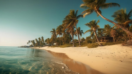 a stunning white beach with palm trees is captured in this vray tracing style photo. the amber and turquoise hues give off an afro-caribbean vibe, while the cabincore and studyblr aesthetics add to the historical imagery. this hd image is sure to transport you to a tropical paradise. ai generatedの素材