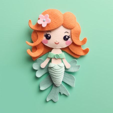 this little mermaid clip is a unique piece of art made in the style of shaped canvas with toy-like proportions. the delicate paper cutouts are made of flowers, giving it a beautiful and intricate texture. the close-up, matte photo showcases the vibrant green and orange colors of the mermaid, making it a stunning addition to any collection. ai generatedの素材
