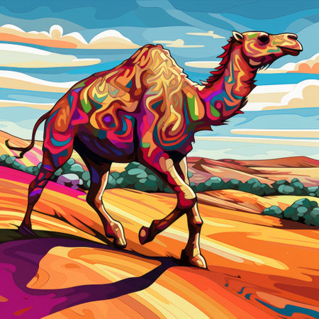 a camel stands on a barren field, depicted in a psychedelic illustration style with a fauvist color scheme. the artwork features colorful curves and vibrant mosaic elements, giving it a unique and eye-catching appearance. the low resolution adds a touch of nostalgia, reminiscent of precisionist art. ai generatedの素材
