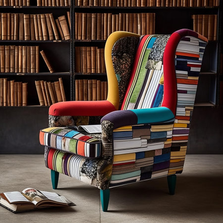 colorful patchwork sofa with a bookcase in the corner, featuring horizontal stripes and contemporary gothic design. the quirky pottery and recycled elements add an eccentric touch to the luxurious fabrics and unique detail placements. ai generatedの素材