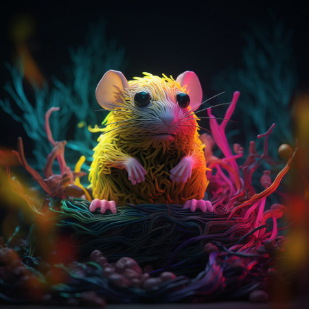 stuffed animal perched on a tree, rendered in neon realism style using cinema4d. the vibrant colors and fluid combinations give it a ratcore vibe. the matte background and texture-rich canvas add depth to the patrick dougherty inspired design. ai generatedの素材
