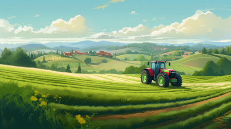 a tractor drives through the serene countryside with hills in the background in this beautiful cartoon illustration. the style of vray tracing and large-scale painting brings out the stunning red and emerald colors of the scene. the neo-geo design and panoramic view make for a breathtaking pastoral scene. ai generatedの素材
