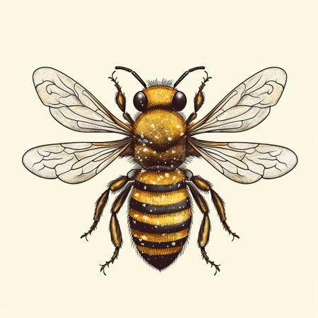 the bee illustration features a detailed ink drawing of a bee in yellow color on a white background. the style of the illustration is realistic with chiaroscuro lighting and pointillist techniques. the screen printing effect adds a glimmering light effect to the detailed character illustration. ai generatedの素材