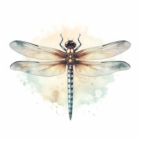 doodle dragonfly on watercolor background illustration featuring hyperrealistic animal portraits. the dark aquamarine and beige colors create a symmetrical balance, while the white background highlights the realistic watercolor paintings. the lighting is portrayed realistically, with accurate depictions of light and shadow. ai generatedの素材