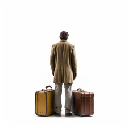 a gentleman with two suitcases stands in front of him in a muted, minimalist composition. the white and brown tones create a studio photography style reminiscent of the great depression era. the sparse use of color and the presence of bronze figurines add depth to the image, while multiple points of view enhance its visual appeal. ai generatedの素材